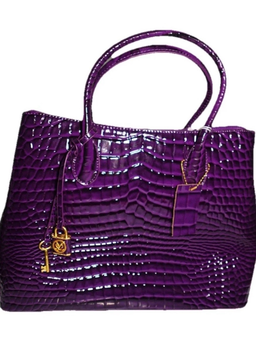 Purple Croc-Embossed Tote Bag with Gold Accent